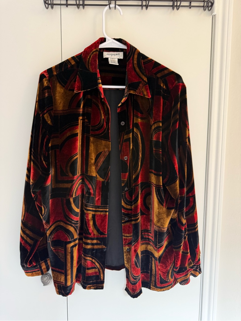 Easy Spirit Velvet Geometric Button-Front Blazer in Red, Gold & Black